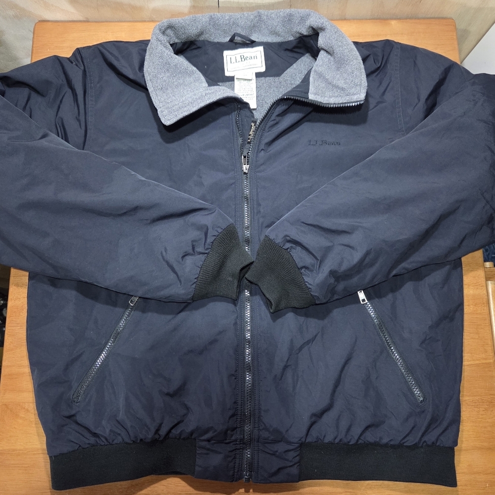 L.L.Bean Insulated Jacket Navy Blue Fleece Collar‎ Zip Front Large Reg